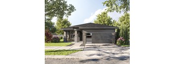 a house with a gray roof and gray garage doors