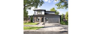 a home with a gray and white exterior and a black garage door