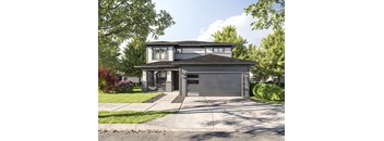 a house with a gray garage and a green lawn