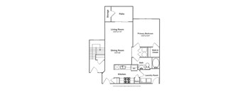 A floor plan of a home with a living room, dining room, kitchen, laundry room, pantry, and two bedrooms.