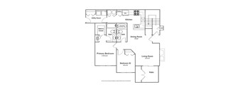 A floor plan of a house with a living room, dining room, kitchen, and two bedrooms.