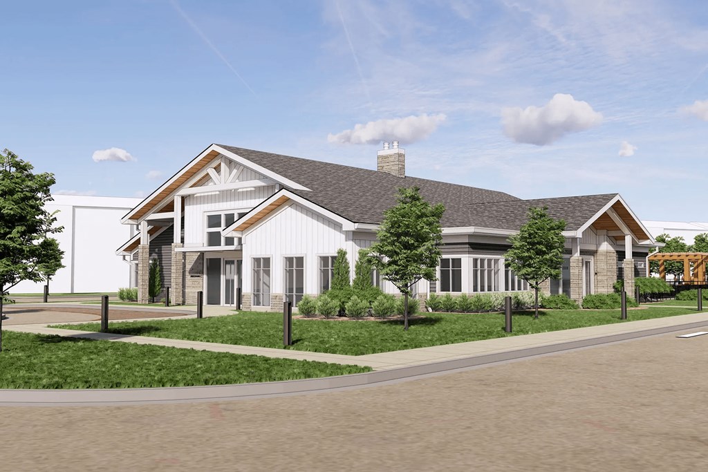 a rendering of a large house with a driveway and a lawn