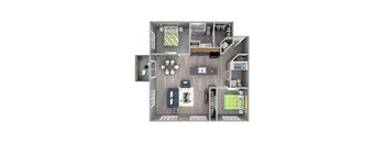 A floor plan of a house with a kitchen, living room, and two bedrooms.