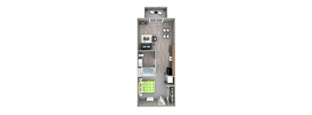 A top-down view of a small apartment with a bedroom, living room, kitchen, and bathroom.