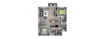 A 3D floor plan of a small apartment with a kitchen, living room, and bedroom.