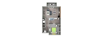 A top-down view of a small apartment with a bedroom, living room, and kitchen.