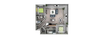 A 3D floor plan of a house with a living room, kitchen, and two bedrooms.
