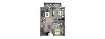 A 3D floor plan of a small apartment with a kitchen, living room, and bedroom.