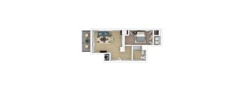 A floor plan of a small apartment with a kitchen, living room, and bedroom.