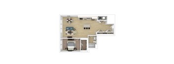 A 3D floor plan of a house with a kitchen, living room, and bedrooms.
