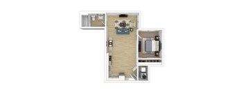 A 3D floor plan of a small apartment with a kitchen, living room, and bedroom.