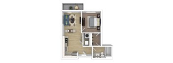 A 3D floor plan of a small apartment with a kitchen, living room, and bathroom.