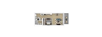 A floor plan of a small apartment with a kitchen, living room, and bedroom.