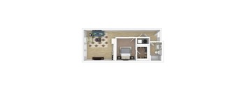 A floor plan of a small apartment with a living room, kitchen, and bathroom.