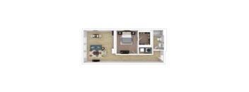 A floor plan of a small apartment with a bedroom, living room, and kitchen.