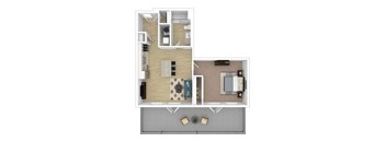 A floor plan of a small apartment with a living room, kitchen, and bathroom.