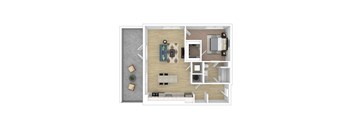 A top-down view of a small apartment layout with a kitchen, living room, and bathroom.
