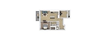 A top-down view of a small apartment with a living room, kitchen, and bedroom.