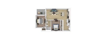 A floor plan of a small apartment with a kitchen, living room, and bedroom.