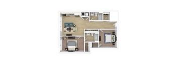 A floor plan of a small apartment with a living room, kitchen, and bedroom.