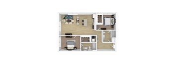 A top-down view of a small apartment layout with a living room, kitchen, and bedroom.