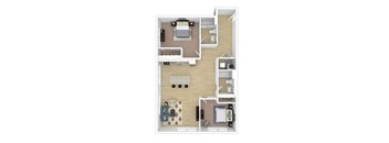 A floor plan of a two-bedroom apartment with a living room, kitchen, and bathroom.