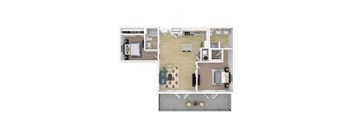 A floor plan of a small apartment with a kitchen, living room, and bedroom.