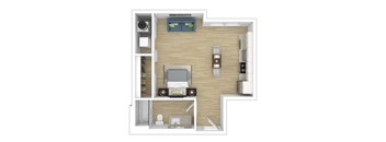 A top-down view of a living room with a couch, television, and fireplace.