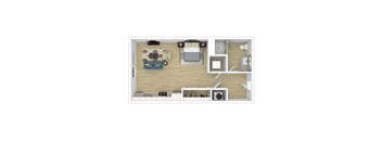 A floor plan of a small apartment with a bedroom, living room, and kitchen.