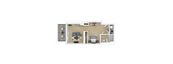 A floor plan of a house with a living room, kitchen, and two bedrooms.