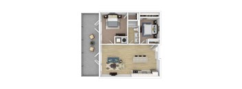 A top-down view of a living room, kitchen, and dining area.