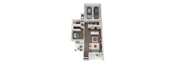 A top-down view of a small apartment with a kitchen, living room, and two bedrooms.