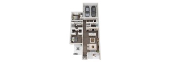 A top-down view of a small apartment with two bedrooms, a living room, a kitchen, and a bathroom.