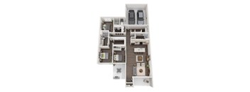 A floor plan of a house with two bedrooms, a living room, a kitchen, and a garage.