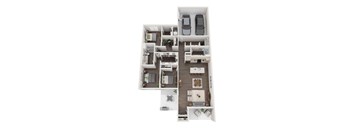 A floor plan of a two-bedroom apartment with a living room, kitchen, and two bathrooms.