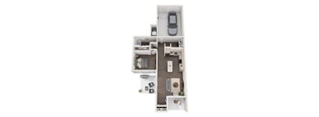 A top down view of a small apartment with a car parked in the garage.
