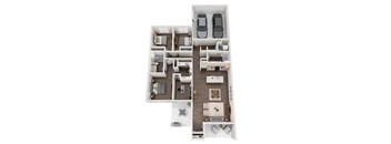 A floor plan of a two-bedroom apartment with a living room, kitchen, and bathroom.