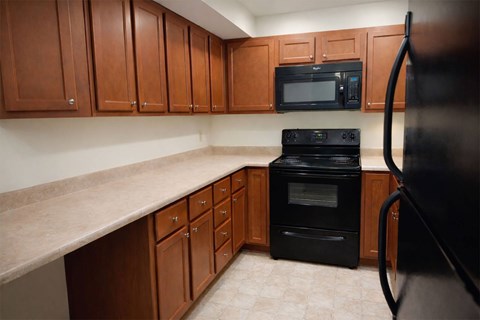 A kitchen with black appliances and wooden cabinets.