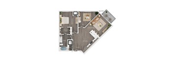 A floor plan of a home showing the layout of the living room, kitchen, bedroom, and bathroom.