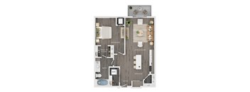 A floor plan of a house with a balcony, living room, kitchen, bath, and bedroom.