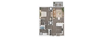 A floor plan of a home showing a living room, kitchen, bathroom, and balcony.