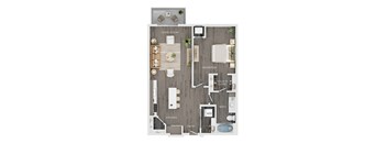 A floor plan of a home showing a living room, bedroom, kitchen, and bathroom.