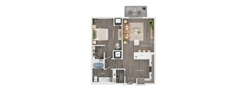 A floor plan of a house with a balcony, bedroom, living room, kitchen, bathroom, and entry.