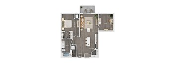 A floor plan of a house with a balcony, living room, dining room, kitchen, bathroom, and an entry.