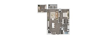 A floor plan of a house with a living room, kitchen, and bathroom.