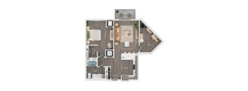 A floor plan of a house with a living room, kitchen, and bathroom.