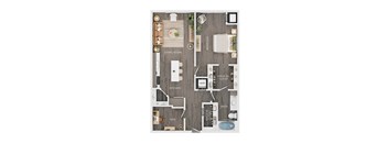 A floor plan of a home showing a living room, kitchen, den, bedroom, bathroom, and walk-in closet.