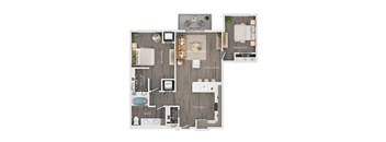A floor plan of a house showing a living room, kitchen, two bedrooms, a bathroom, and a balcony.