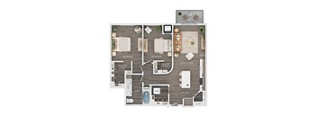 A floor plan of a house with a balcony, two bedrooms, a living room, a kitchen, a bathroom, and two walk-in closets.