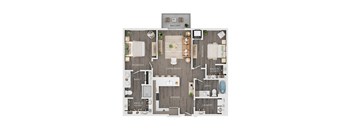 A floor plan of a home showing the layout of the bedrooms, bathrooms, living room, kitchen, and laundry.